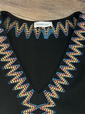 Sugarlips Black Mini Dress with Multicolor Zigzag Embroidery